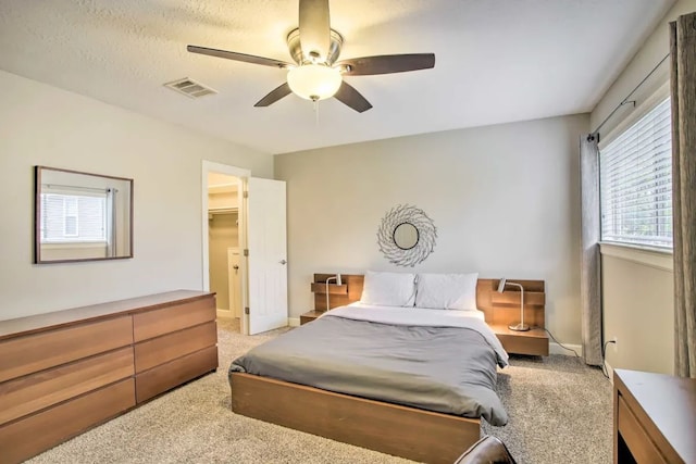 carpeted bedroom featuring multiple windows, a walk in closet, a closet, and ceiling fan