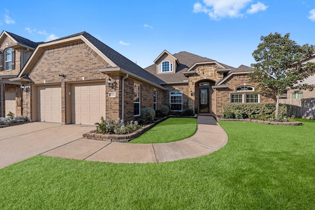 view of front facade with a front yard and a garage