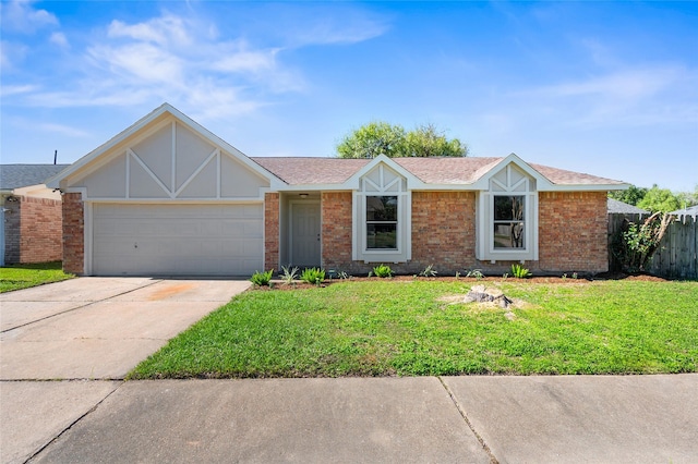 ranch-style home featuring a garage and a front lawn