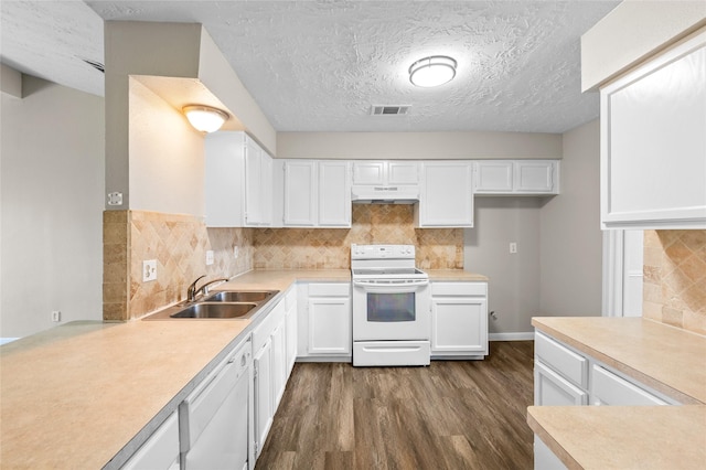 kitchen with white cabinetry, sink, tasteful backsplash, a textured ceiling, and white appliances