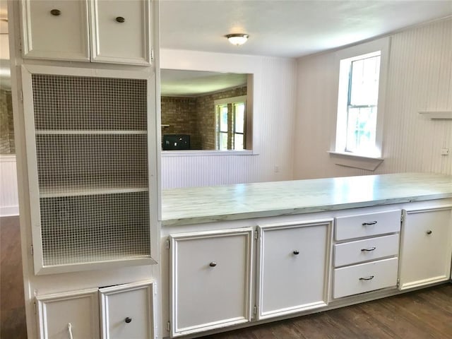 kitchen with dark hardwood / wood-style flooring and white cabinetry