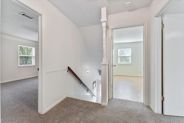 stairway featuring a textured ceiling, carpet floors, and a healthy amount of sunlight