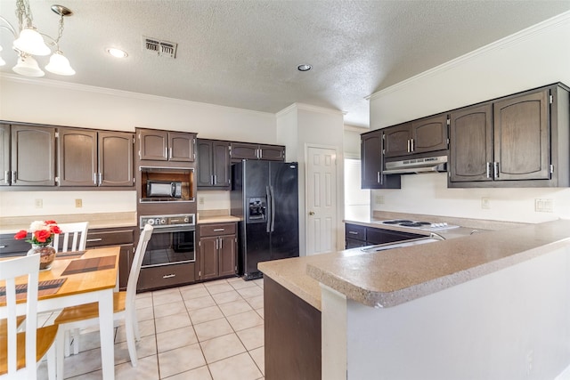 kitchen featuring ornamental molding, a textured ceiling, black appliances, light tile patterned floors, and decorative light fixtures