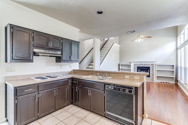 kitchen featuring a textured ceiling, black dishwasher, white electric stovetop, and sink