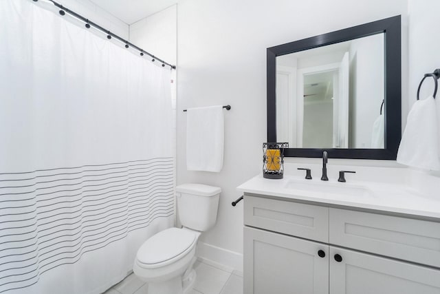 bathroom with a shower with shower curtain, tile patterned floors, vanity, and toilet