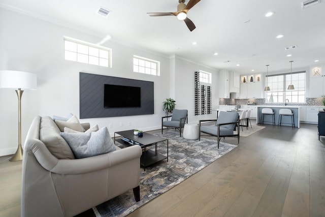 living room featuring hardwood / wood-style flooring, ceiling fan, crown molding, and sink