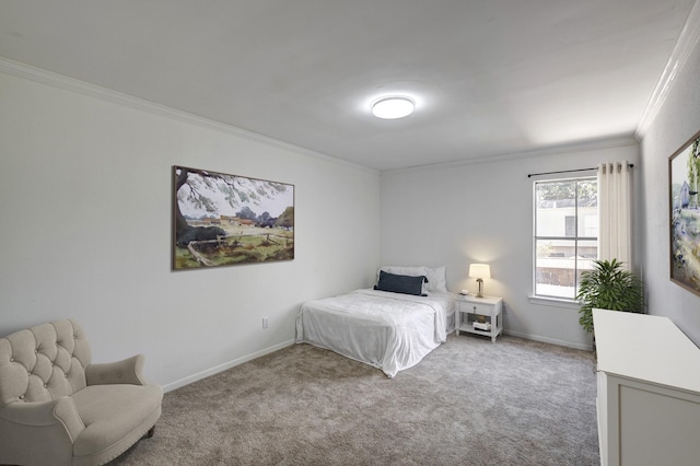 carpeted bedroom featuring crown molding