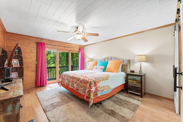 bedroom featuring wood walls, ceiling fan, access to exterior, light hardwood / wood-style floors, and wood ceiling