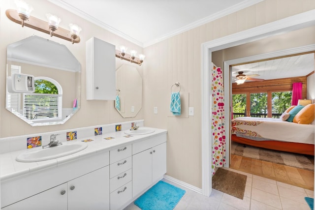 bathroom featuring vanity, tile patterned floors, ceiling fan, and ornamental molding