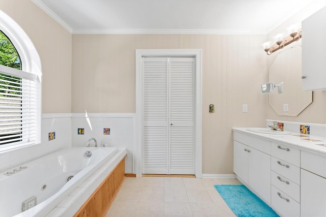 bathroom with tile patterned flooring, vanity, and ornamental molding