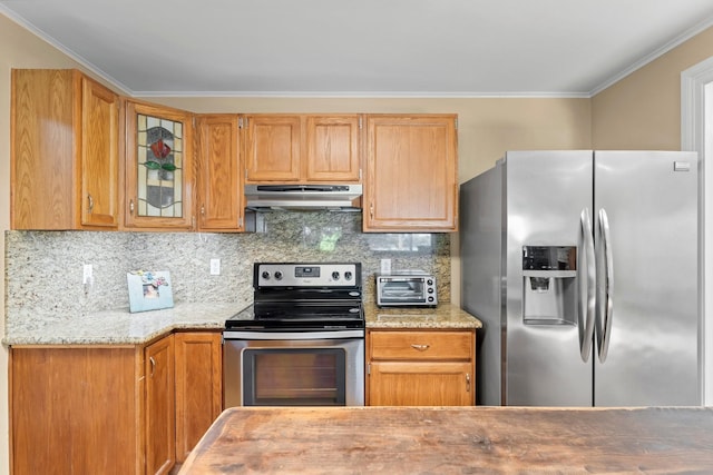 kitchen with tasteful backsplash, light stone counters, stainless steel appliances, and ornamental molding