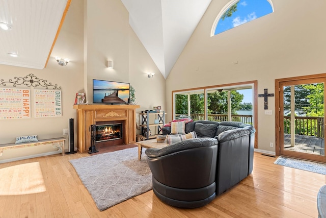 living room with light hardwood / wood-style floors and high vaulted ceiling