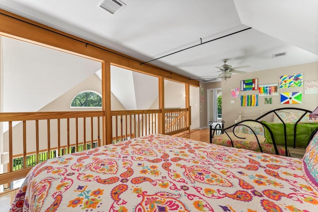 bedroom with light wood-type flooring and ceiling fan