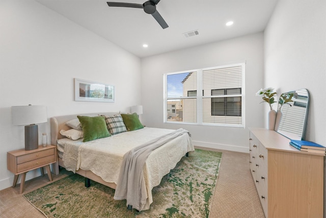 carpeted bedroom featuring ceiling fan