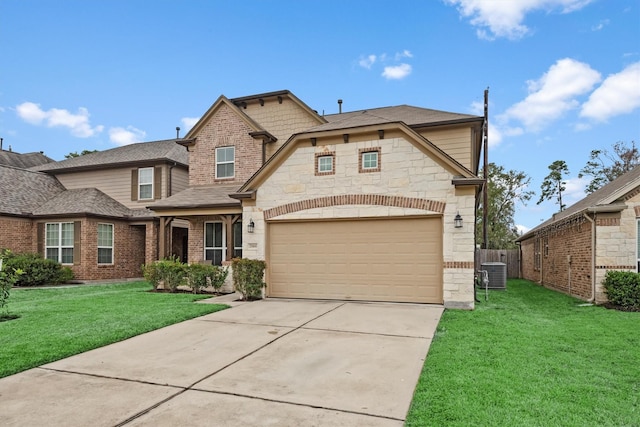 view of front of house featuring cooling unit, a garage, and a front lawn