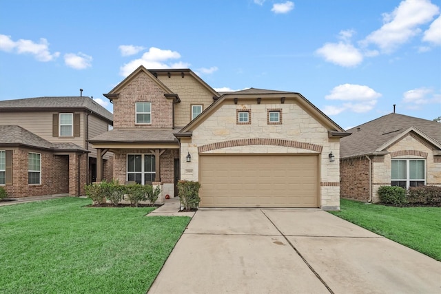 view of front of home with a garage and a front lawn