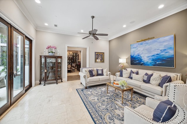 living room featuring ceiling fan, french doors, and crown molding