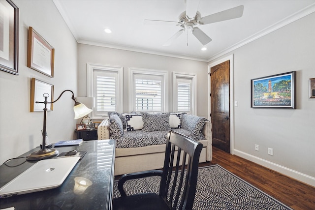 interior space featuring crown molding, ceiling fan, and dark hardwood / wood-style floors