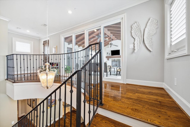 stairway with crown molding and hardwood / wood-style floors