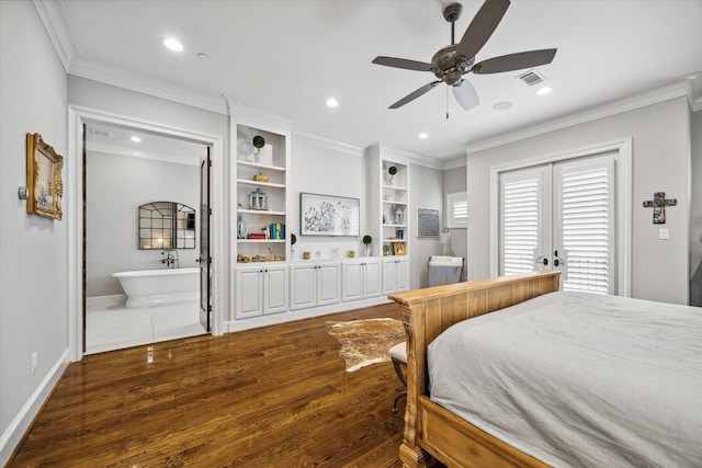 bedroom featuring ornamental molding, connected bathroom, ceiling fan, and dark wood-type flooring