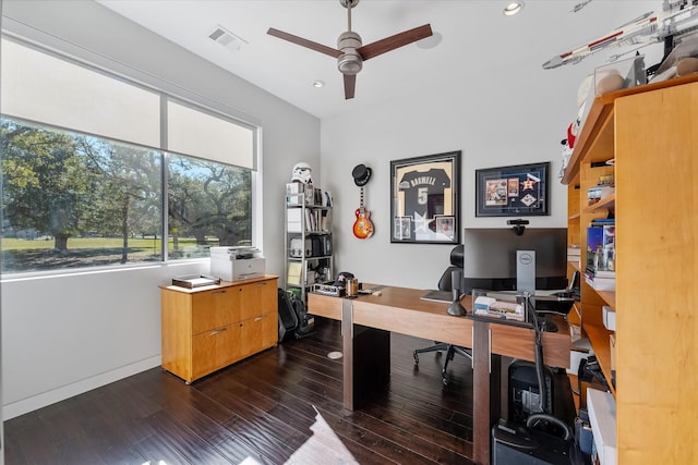 home office with dark wood-style floors, recessed lighting, visible vents, and ceiling fan