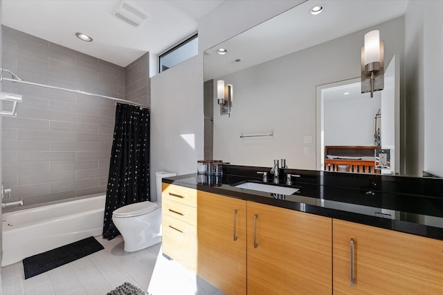 full bath featuring recessed lighting, visible vents, toilet, shower / tub combo, and vanity