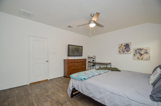 bedroom featuring dark hardwood / wood-style floors and ceiling fan