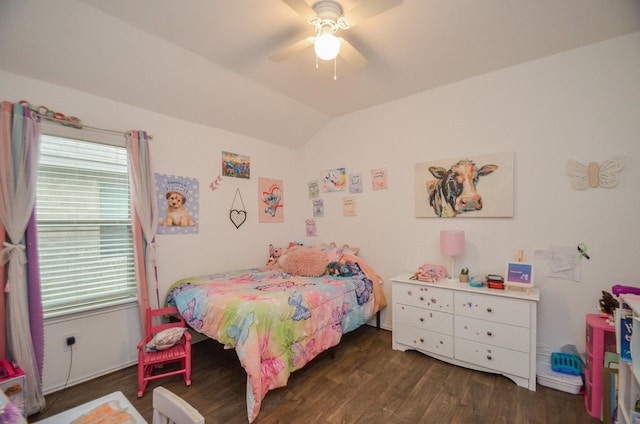 bedroom featuring ceiling fan, dark hardwood / wood-style flooring, and vaulted ceiling