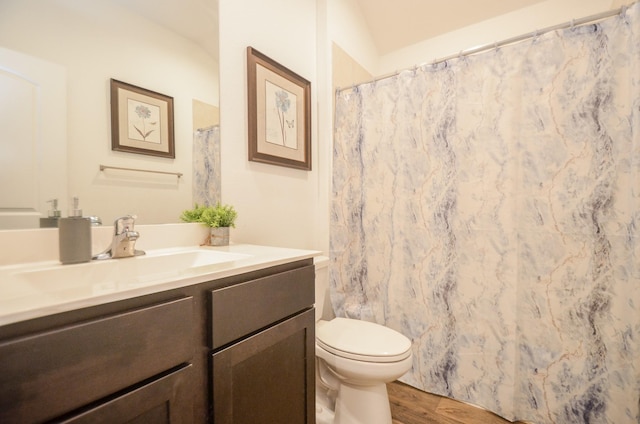 bathroom with a shower with shower curtain, wood-type flooring, vanity, and toilet