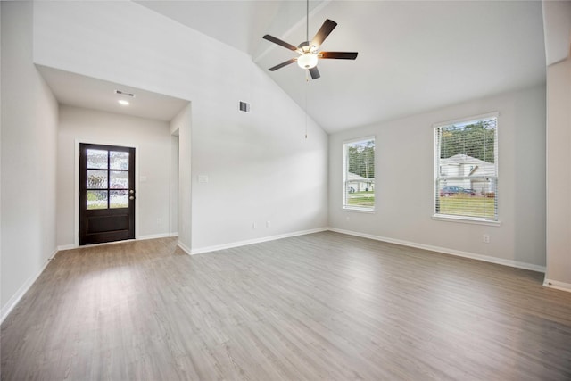 interior space featuring high vaulted ceiling, light hardwood / wood-style flooring, and ceiling fan