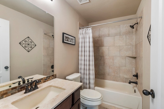 full bathroom featuring decorative backsplash, vanity, toilet, and shower / bath combo with shower curtain