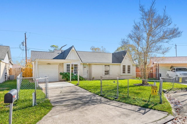 ranch-style home with cooling unit, a front yard, and a garage