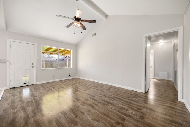 unfurnished living room with lofted ceiling with beams, ceiling fan, and dark hardwood / wood-style flooring