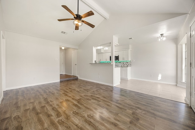 unfurnished living room with ceiling fan, beamed ceiling, high vaulted ceiling, and hardwood / wood-style flooring