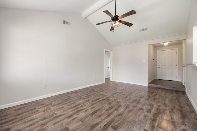 unfurnished living room with ceiling fan, beam ceiling, dark wood-type flooring, and high vaulted ceiling