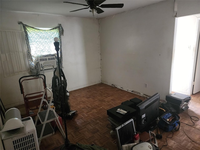 exercise room with ceiling fan, cooling unit, and parquet flooring