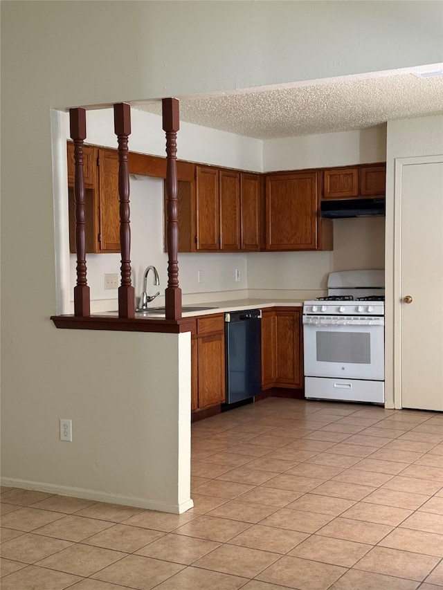 kitchen featuring dishwasher, sink, a textured ceiling, gas range gas stove, and light tile patterned flooring