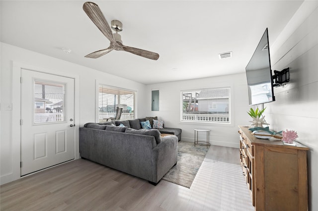 living room with ceiling fan and wood-type flooring