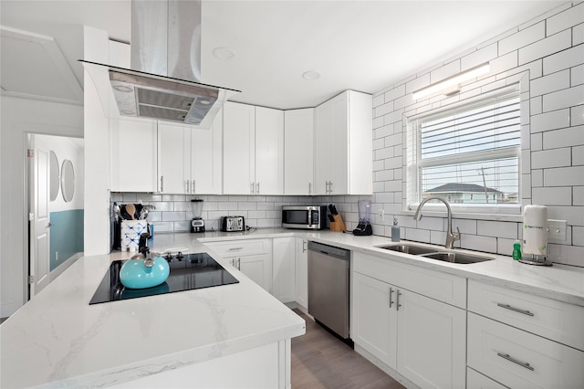 kitchen with tasteful backsplash, ventilation hood, stainless steel appliances, sink, and white cabinetry