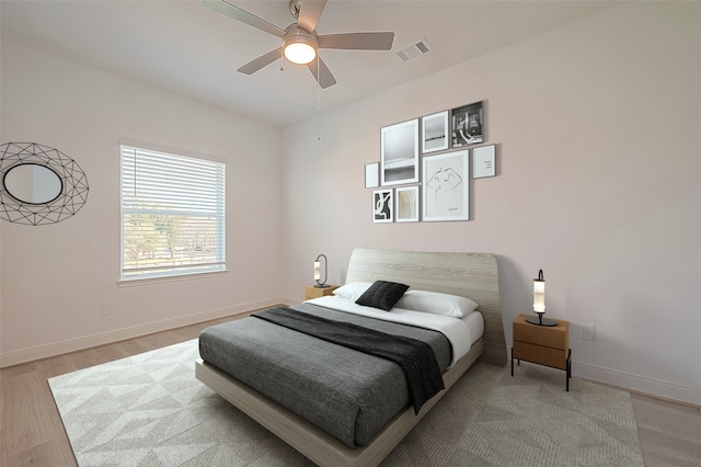 bedroom featuring ceiling fan and light hardwood / wood-style floors