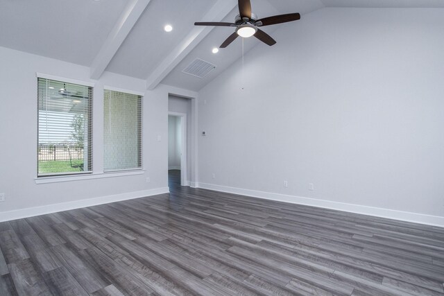 empty room featuring ceiling fan, high vaulted ceiling, dark wood-type flooring, and beam ceiling