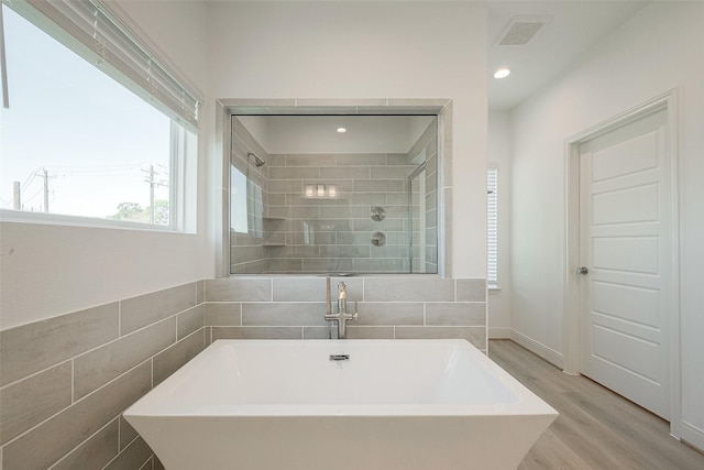 bathroom with sink, plus walk in shower, and wood-type flooring