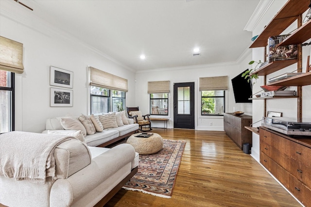 living room with hardwood / wood-style floors and crown molding