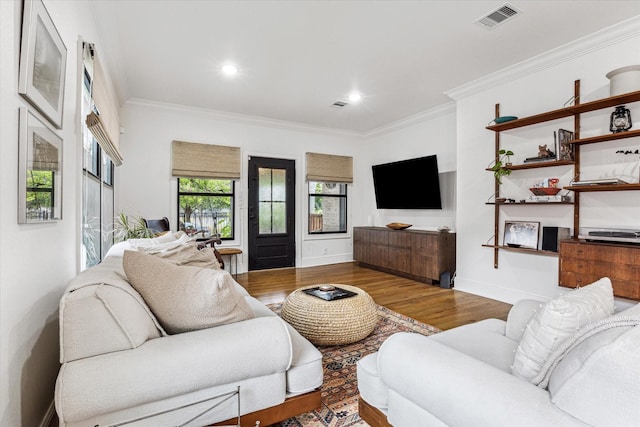 living room with wood-type flooring and ornamental molding