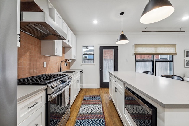 kitchen with white cabinets, stainless steel appliances, wall chimney exhaust hood, and sink