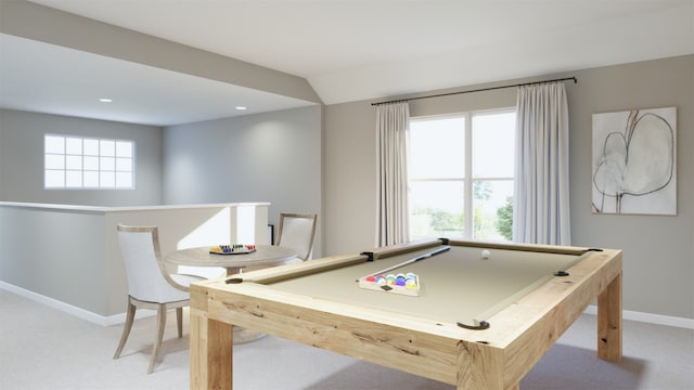 recreation room with light colored carpet and billiards