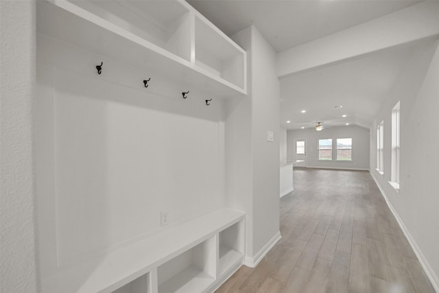 mudroom with light hardwood / wood-style flooring and ceiling fan