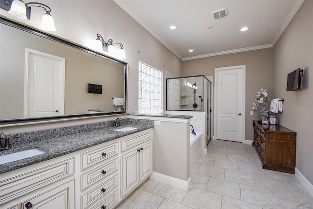 bathroom with tile patterned flooring, vanity, crown molding, and plus walk in shower