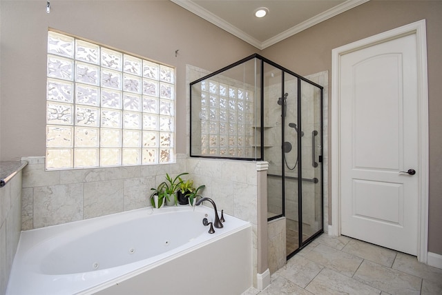 bathroom with crown molding and independent shower and bath