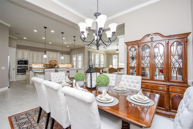 dining room featuring light tile patterned floors, ceiling fan with notable chandelier, and ornamental molding